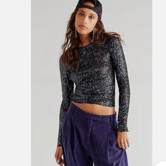 Free People Gold Rush Long Sleeve Top in Size L Black Combo Sz Sx NWT - Picture 1 of 8